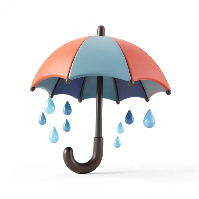 Stylized 3D open umbrella with floating raindrops against a plain white background