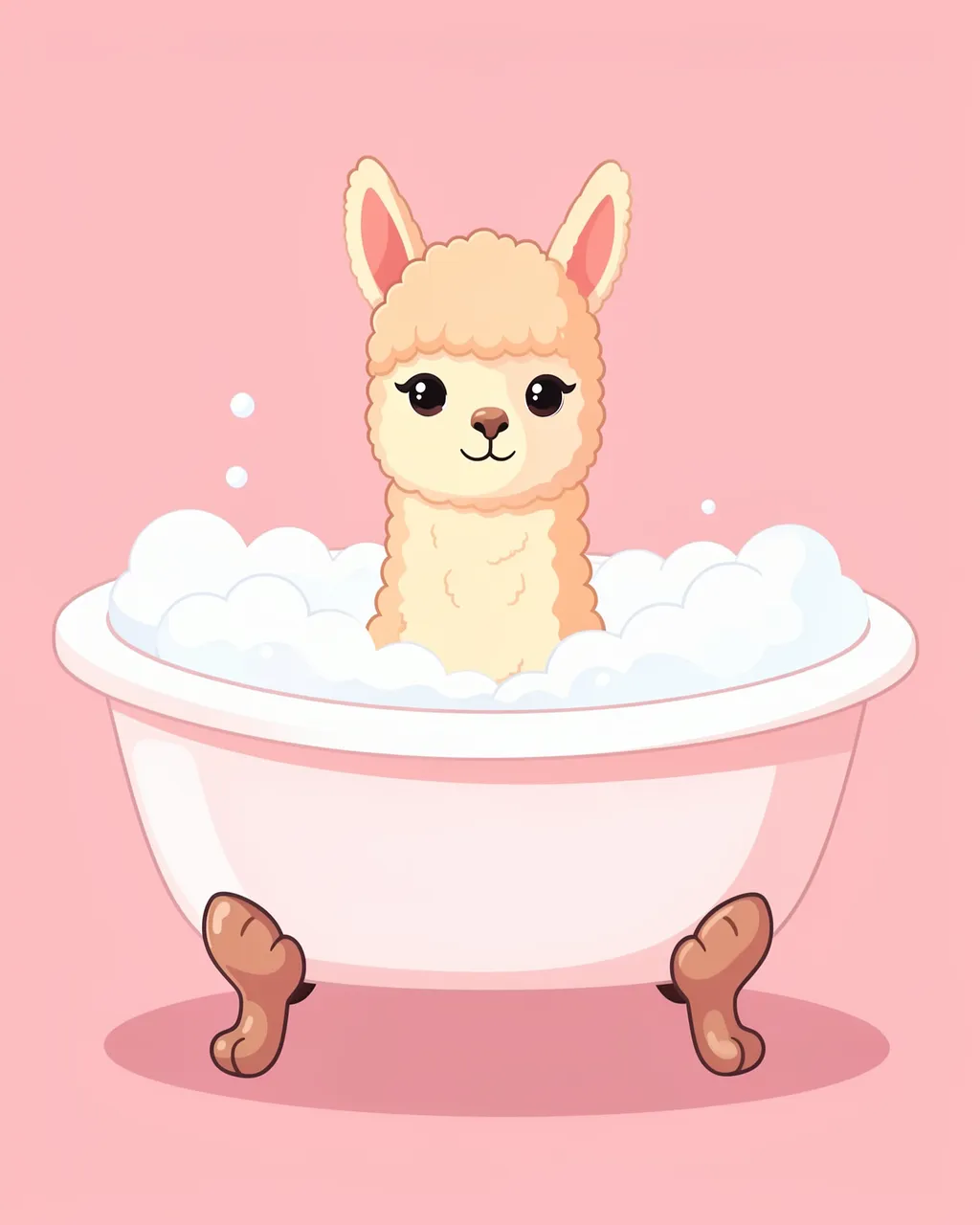 A fluffy cartoon alpaca sits in a pink clawfoot tub full of soapy bubbles against a solid pink background.