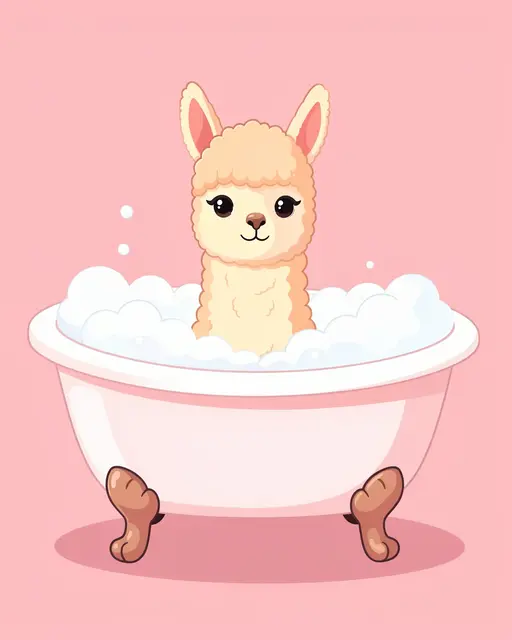 A fluffy cartoon alpaca sits in a pink clawfoot tub full of soapy bubbles against a solid pink background.