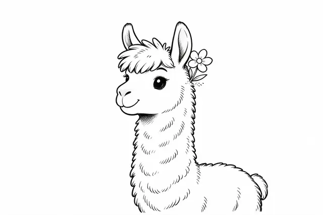 Simple black ink line art of a smiling fluffy alpaca with a flower tucked behind its ear on a plain white background