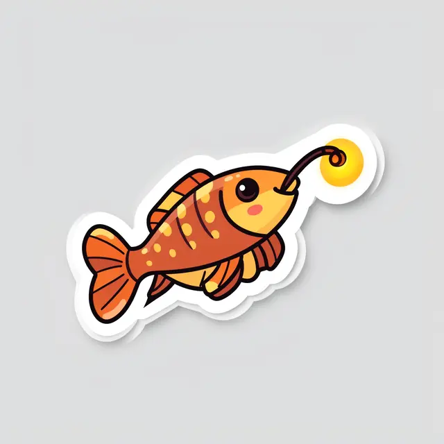 Die-cut sticker of a cute cartoon anglerfish with a glowing lure on a light gray background