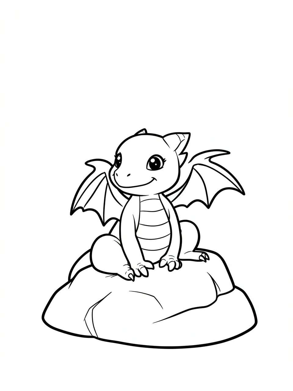 Simple black and white line art of a smiling baby dragon with small wings sitting on a rock