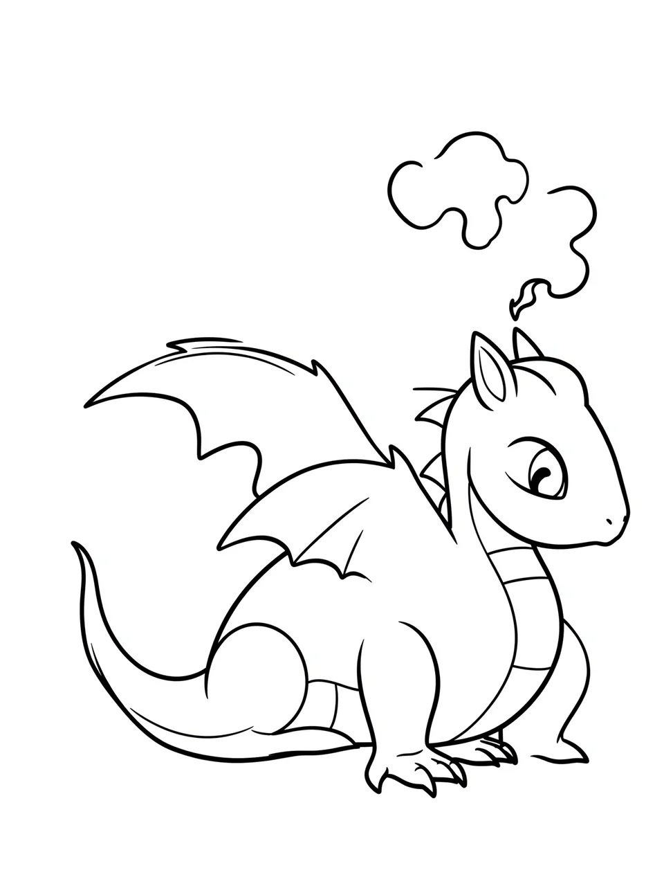 Simple bold black line art of a seated baby dragon blowing a small puff of smoke on a plain white background
