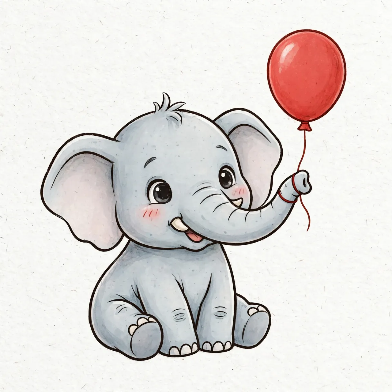A cheerful cartoon baby elephant sits holding a red balloon with its trunk on textured white paper