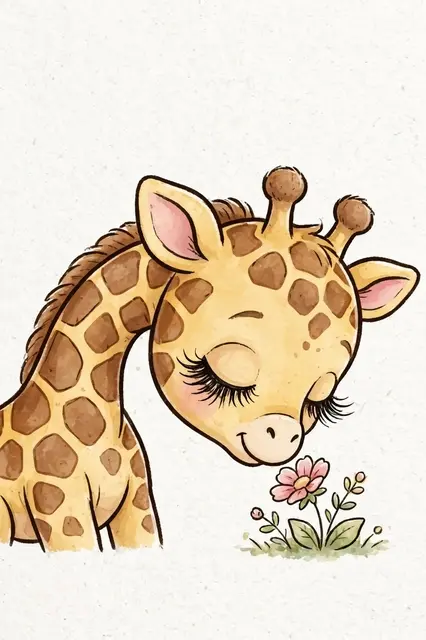 Cartoon baby giraffe with long eyelashes bends gently to sniff a small pink flower on textured off-white paper