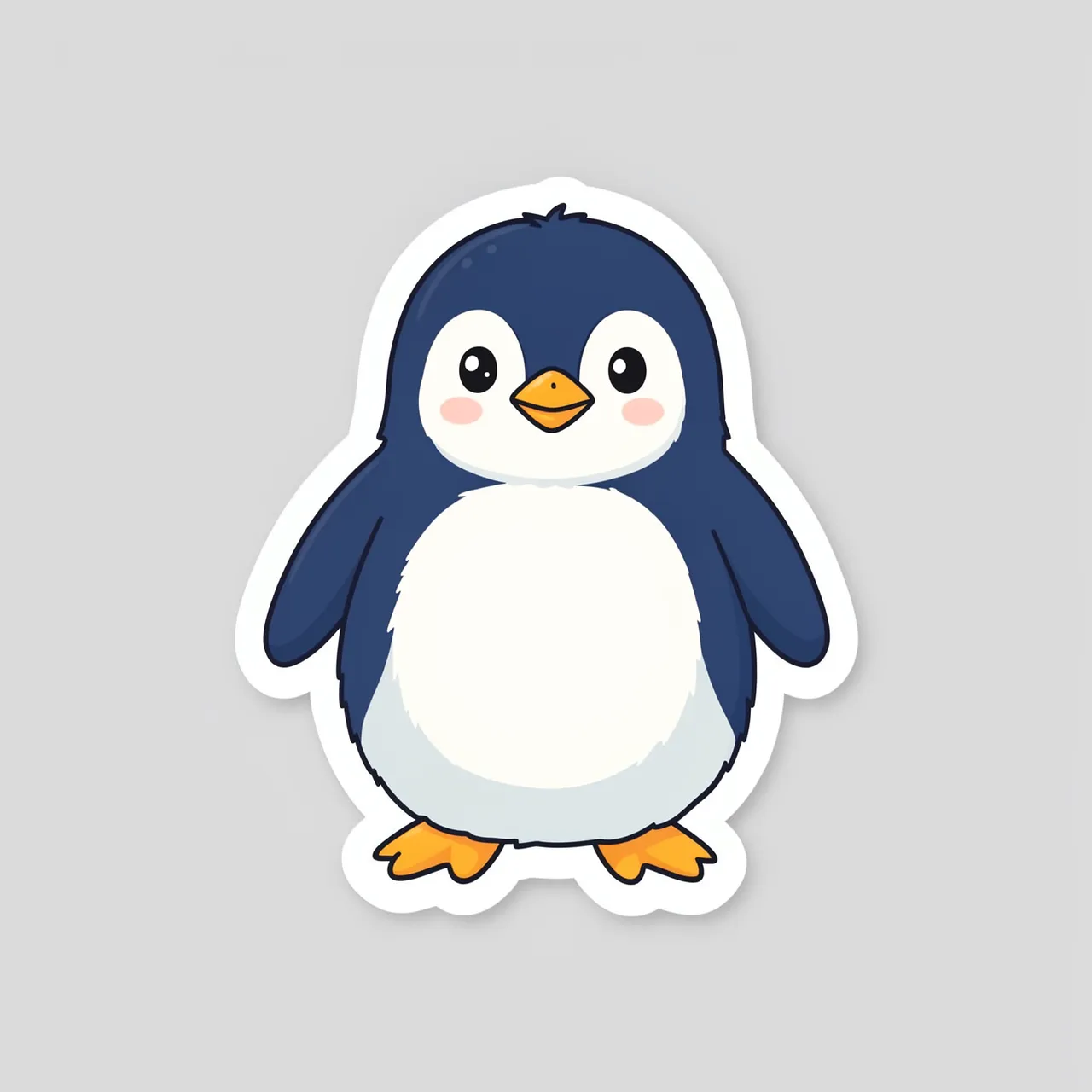 Flat illustrated die-cut sticker of a fluffy cartoon baby penguin on a light gray background
