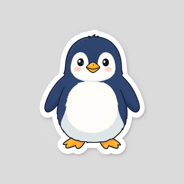 Flat illustrated die-cut sticker of a fluffy cartoon baby penguin on a light gray background