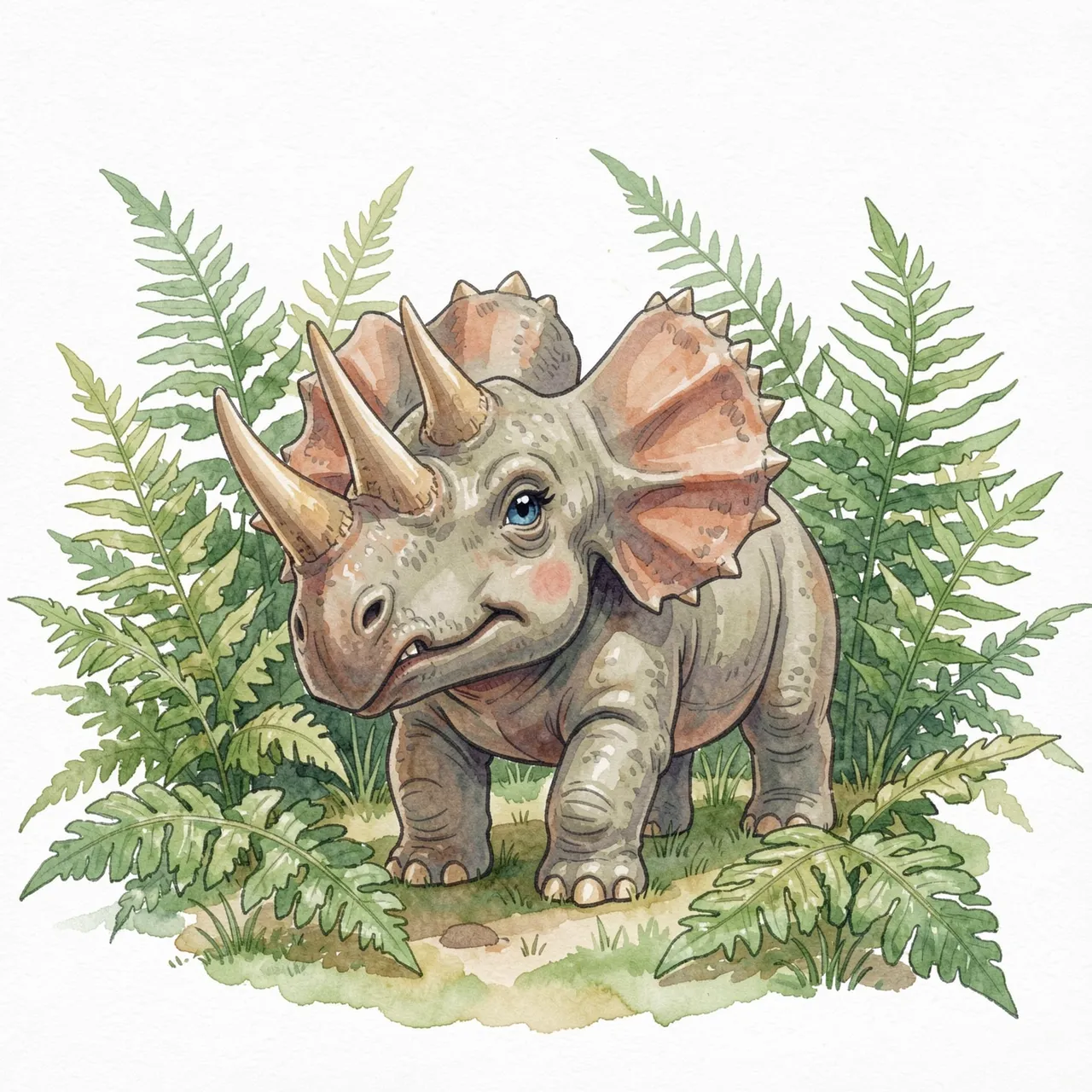 Watercolor illustration of a friendly baby triceratops standing among lush green ferns on soft ground