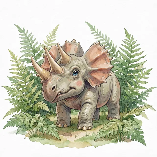 Watercolor illustration of a friendly baby triceratops standing among lush green ferns on soft ground