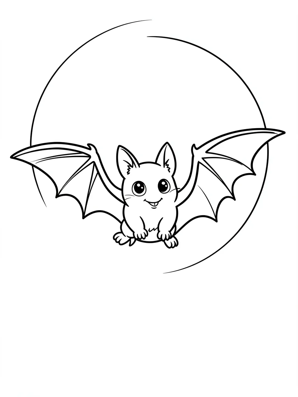 Black and white bold line art of a cheerful flying bat in front of a circular full moon outline on a plain white background