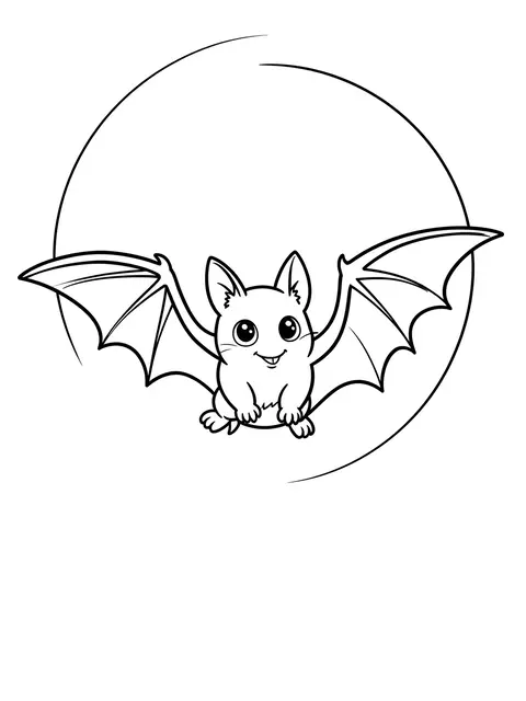 Black and white bold line art of a cheerful flying bat in front of a circular full moon outline on a plain white background