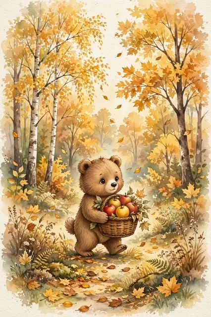 A watercolor little brown bear carries an apple basket through a golden fall forest path with falling leaves