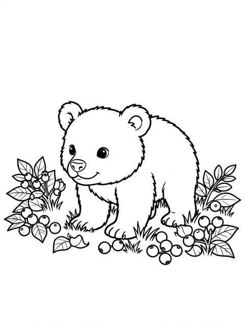 Black and white bold line art of a smiling bear cub on all fours surrounded by berry bushes on a plain white background