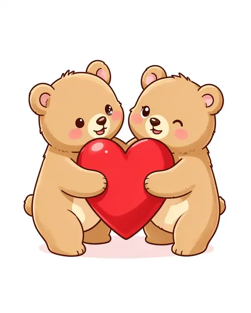 Two kawaii cartoon teddy bears stand side by side holding a large glossy red heart together against a plain white background