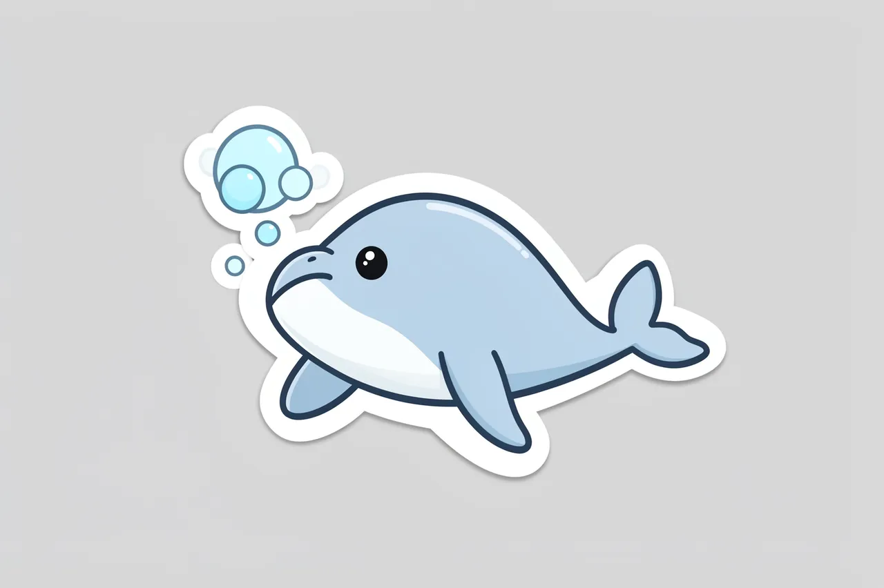 Die-cut sticker of a cartoon beluga whale blowing bubbles on a plain light gray background