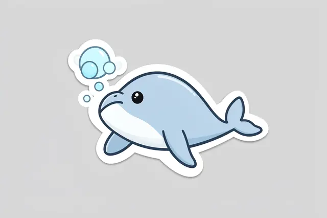 Die-cut sticker of a cartoon beluga whale blowing bubbles on a plain light gray background