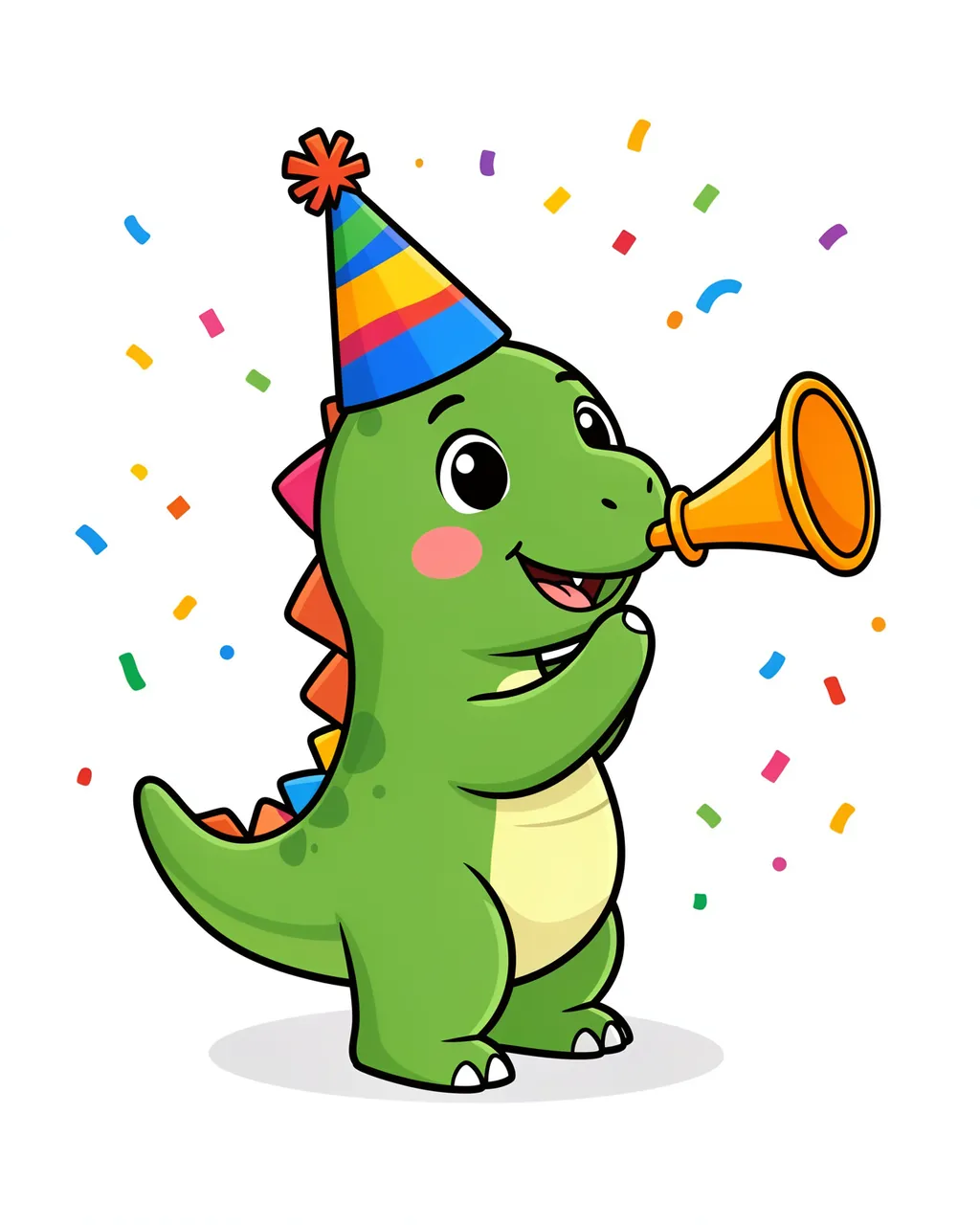 A happy green cartoon dinosaur wears a striped party hat, blows a party horn, surrounded by colorful confetti.