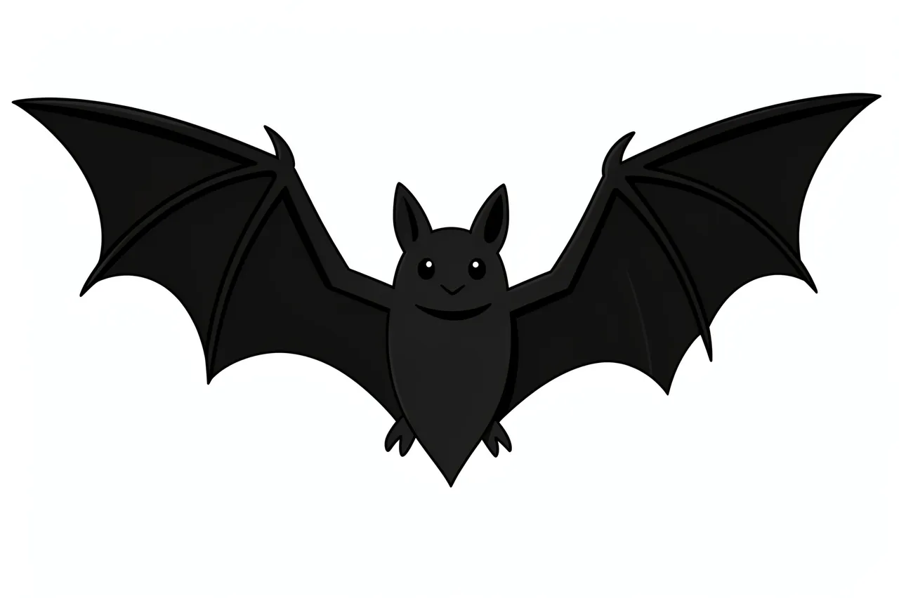 Flat cartoon illustration of a black bat with outstretched pointed wings isolated on a plain white background