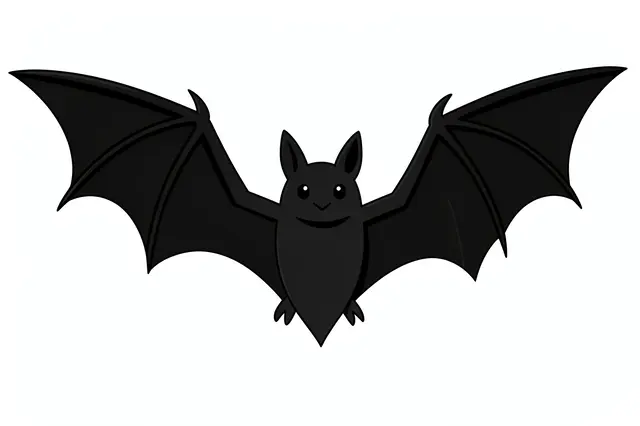 Flat cartoon illustration of a black bat with outstretched pointed wings isolated on a plain white background