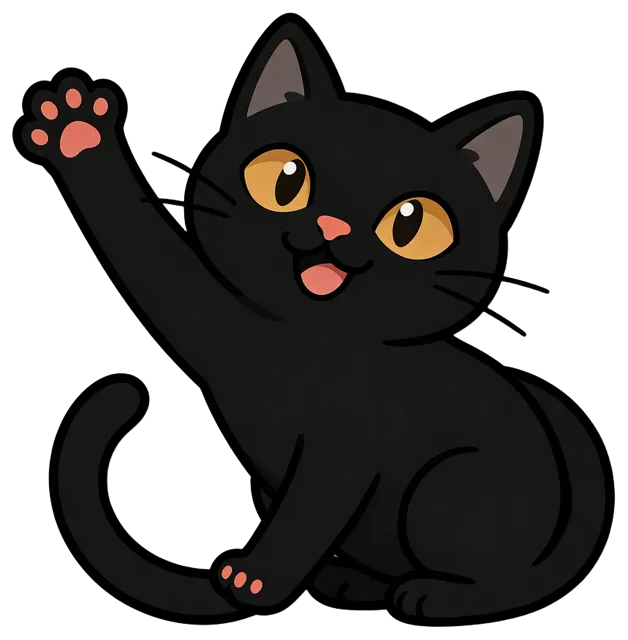 Friendly cartoon black cat sits smiling with one front paw raised for a high five