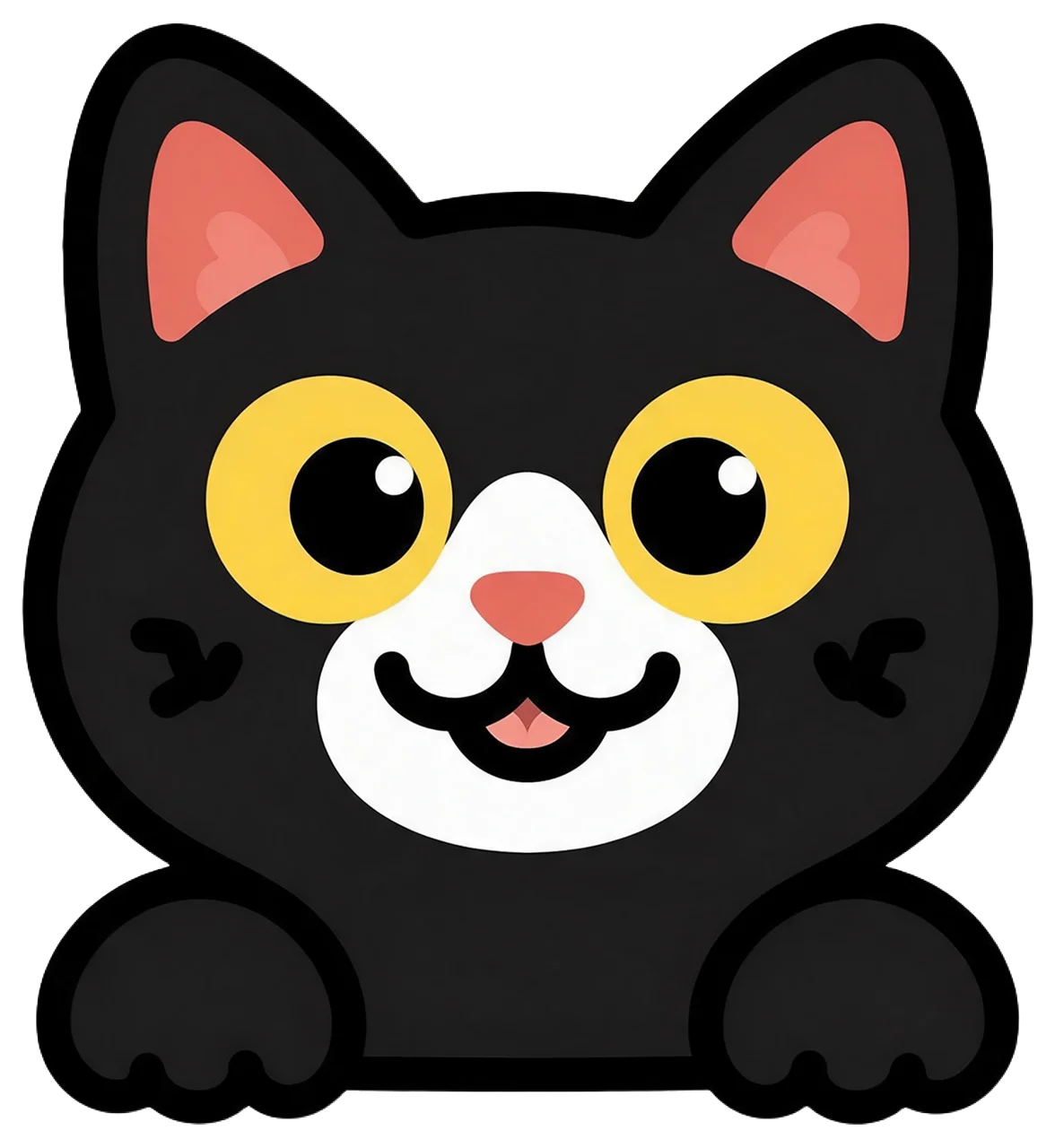 Friendly cartoon black cat illustration with big yellow eyes and pink nose facing forward