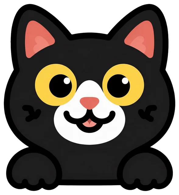 Friendly cartoon black cat illustration with big yellow eyes and pink nose facing forward