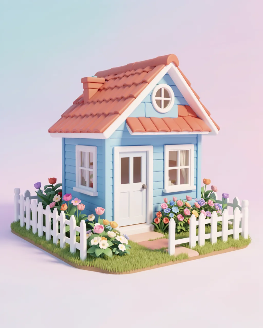 Charming stylized 3D render of a small blue house with a flower garden and white picket fence against a pastel gradient