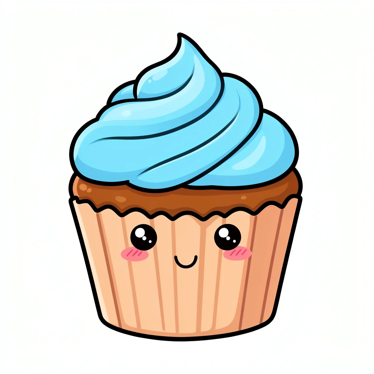Cartoon cupcake with blue swirled frosting and a blushing smiling face on a white background