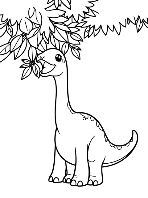 Bold black line art of a cute long-necked dinosaur eating treetop leaves on a plain white background