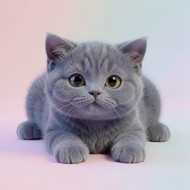 Fluffy blue-gray British Shorthair kitten lying on its belly against a soft pastel gradient backdrop