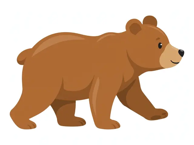 Flat side view clipart of a walking brown bear with a tan muzzle on a plain light background
