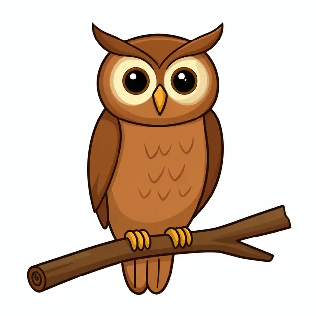 Flat cartoon clipart of a brown owl with big round eyes perched on a brown branch against a white background