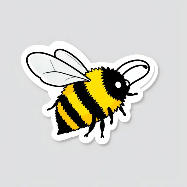 Flat fuzzy bumblebee sticker with a thick white border sits on a plain light gray background