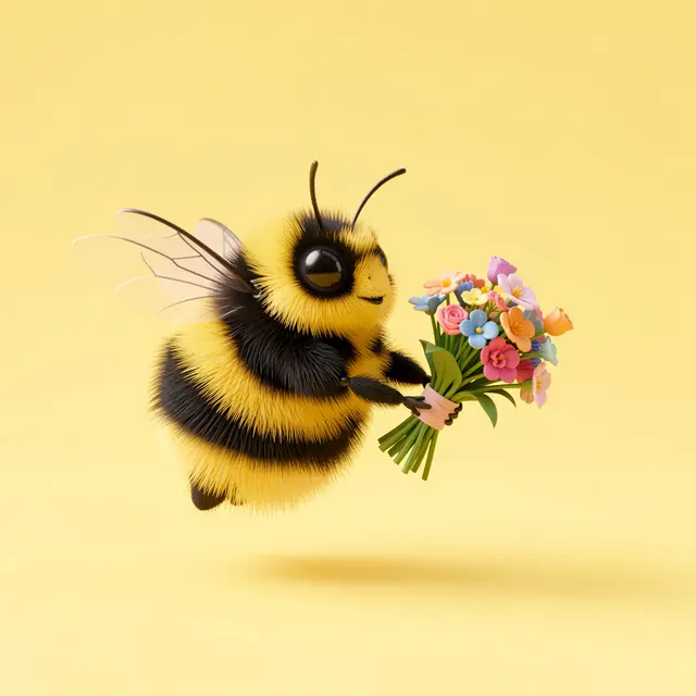 Fluffy round 3D bumblebee floats holding a tiny colorful flower bouquet against a soft yellow background