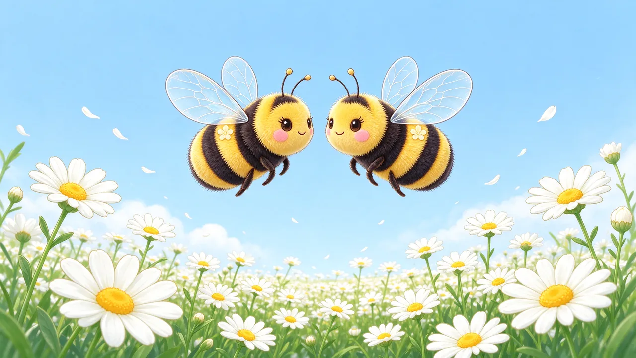 Two fluffy kawaii bumblebees face each other hovering above a sunlit daisy field under a pastel blue sky.