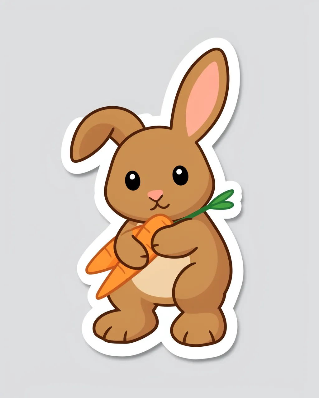 A die-cut sticker illustration of a lop-eared brown bunny holding a carrot on a light gray background