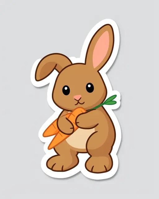 A die-cut sticker illustration of a lop-eared brown bunny holding a carrot on a light gray background