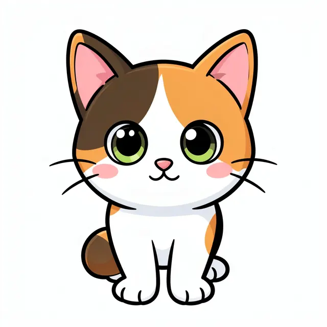 A chibi-style cartoon calico kitten with big round eyes sits isolated on a plain white background