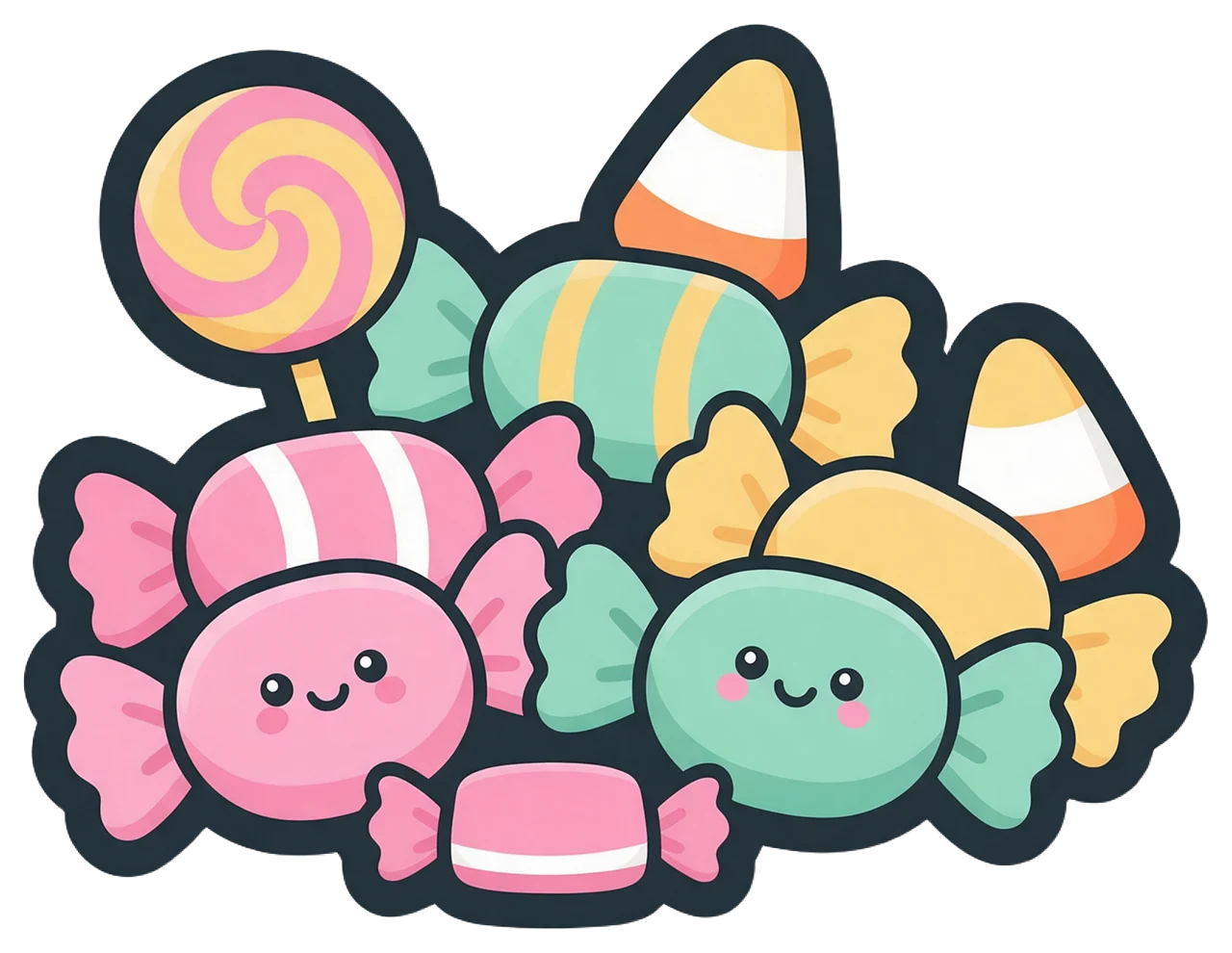 Flat cartoon sticker illustration of a heap of pastel wrapped sweets, lollipop, and smiling candy characters