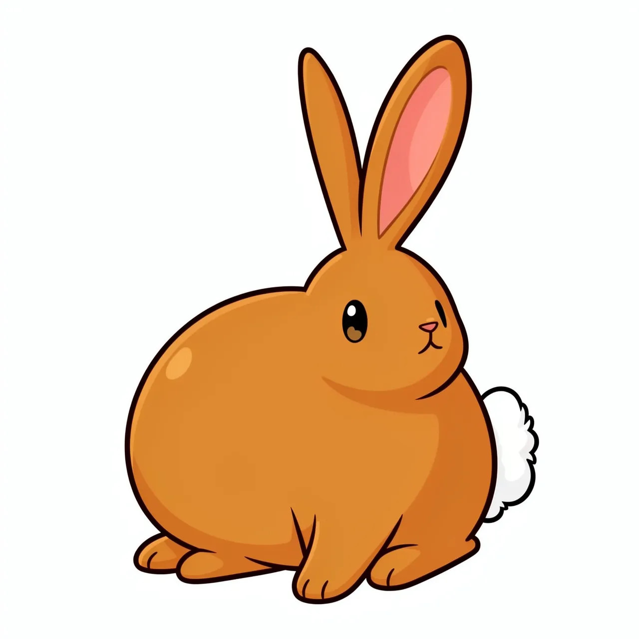 Plump caramel-colored cartoon bunny with long upright ears and a fluffy white tail sits on a plain white background