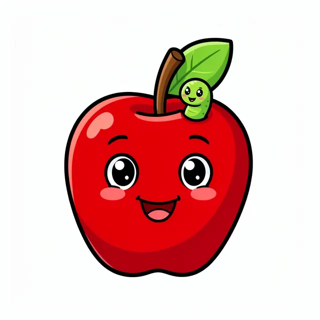 A cheerful cartoon red apple with a smiling face has a tiny green worm peeking from its top on a white background.
