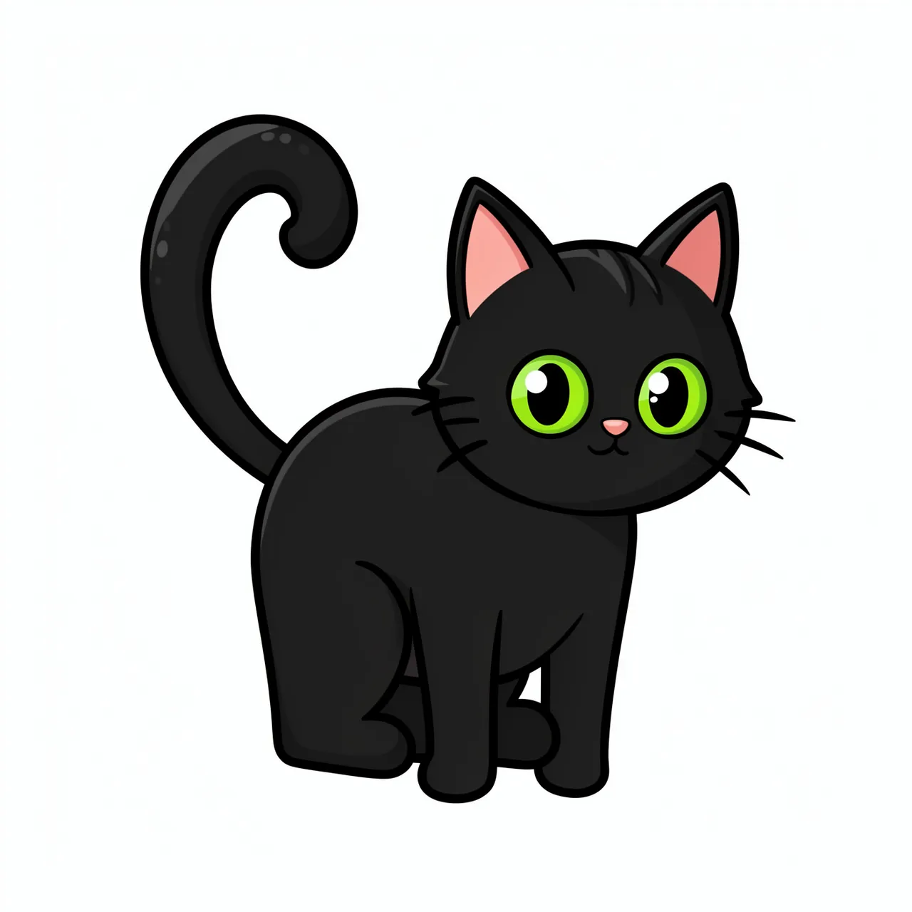 A chibi-style cartoon black cat with curling tail and bright lime green eyes sits against a plain white background