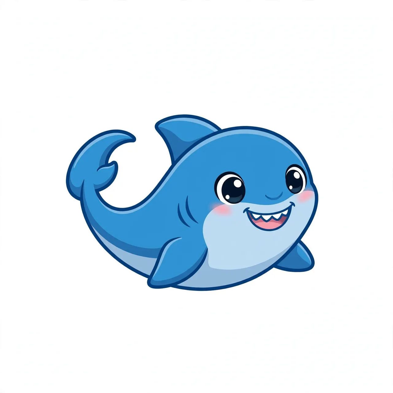 A friendly smiling cartoon blue shark with a curved tail against a light plain background
