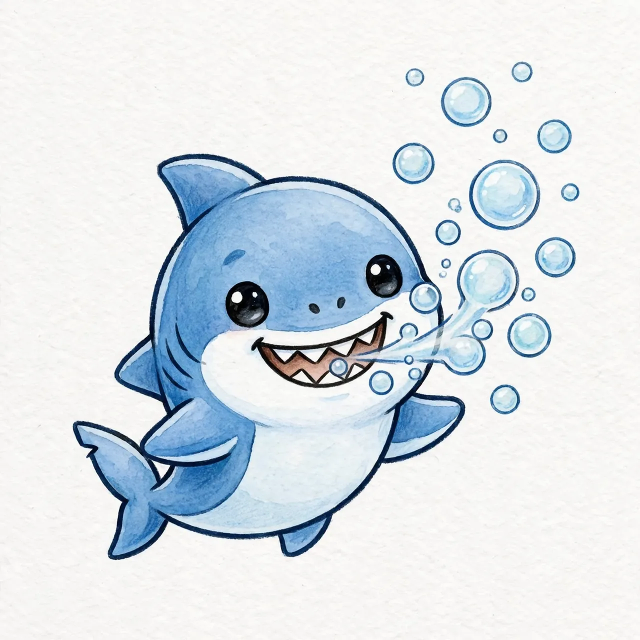 A friendly chibi-style blue cartoon shark grins and blows floating clear bubbles against textured white paper