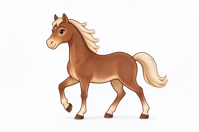 A side view cute cartoon brown mare with cream mane trotting on a plain white background