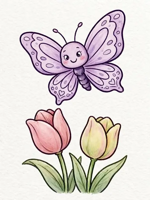 A smiling lilac cartoon butterfly hovers above pink and pale yellow tulips on textured white paper