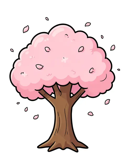 Cartoon cherry blossom tree with fluffy pink canopy and falling petals on a white background