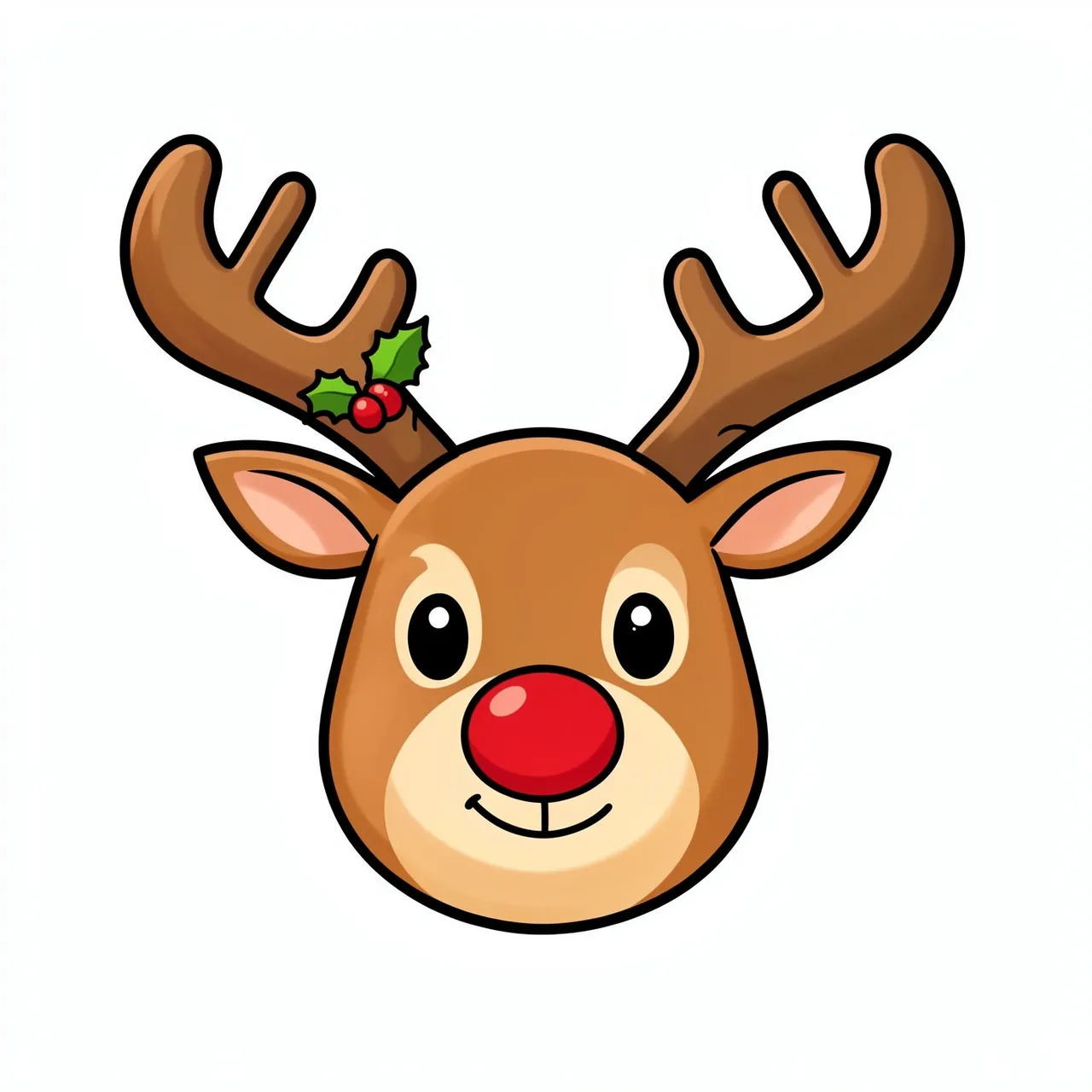 A friendly cartoon reindeer head with a bright red nose and holly on one antler sits on a plain white background