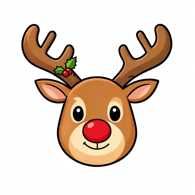 A friendly cartoon reindeer head with a bright red nose and holly on one antler sits on a plain white background