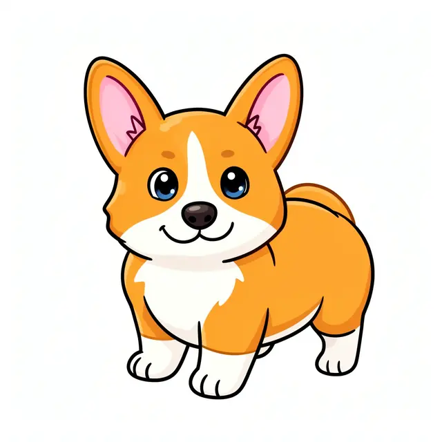 A friendly chibi-style cartoon corgi puppy with perky ears stands isolated on a plain white background